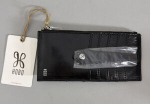 Hobo Linn Leather Slim Wallet Card Case Black Polished Full Zip Snap